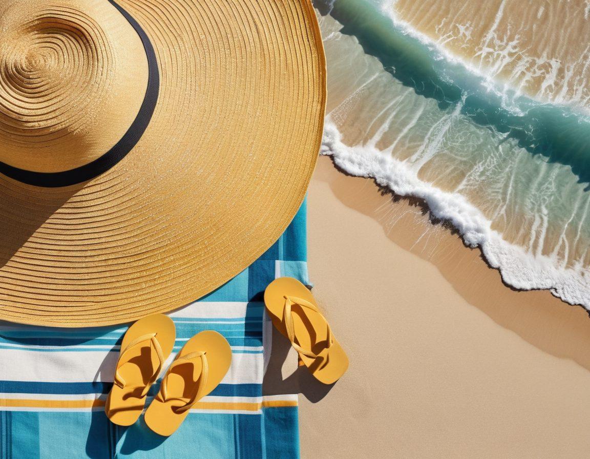 A beautifully arranged beach scene showcasing essential accessories for a perfect sun-kissed look: a stylish sun hat, trendy sunglasses, vibrant beach towel, sunblock lotion, and a relaxing beach umbrella. The sun shines brightly, reflecting off a serene ocean wave in the background, with soft golden sand. A pair of flip-flops rests nearby, enhancing the beach vibe. The color palette is warm and inviting, emphasizing a carefree summer atmosphere. super-realistic. vibrant colors. beach setting.